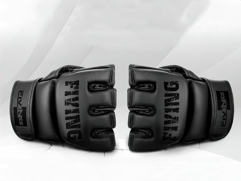 Black fingerless MMA training gloves with wrist support, ideal for boxing and kickboxing. Features breathable PU leather and open palm design.